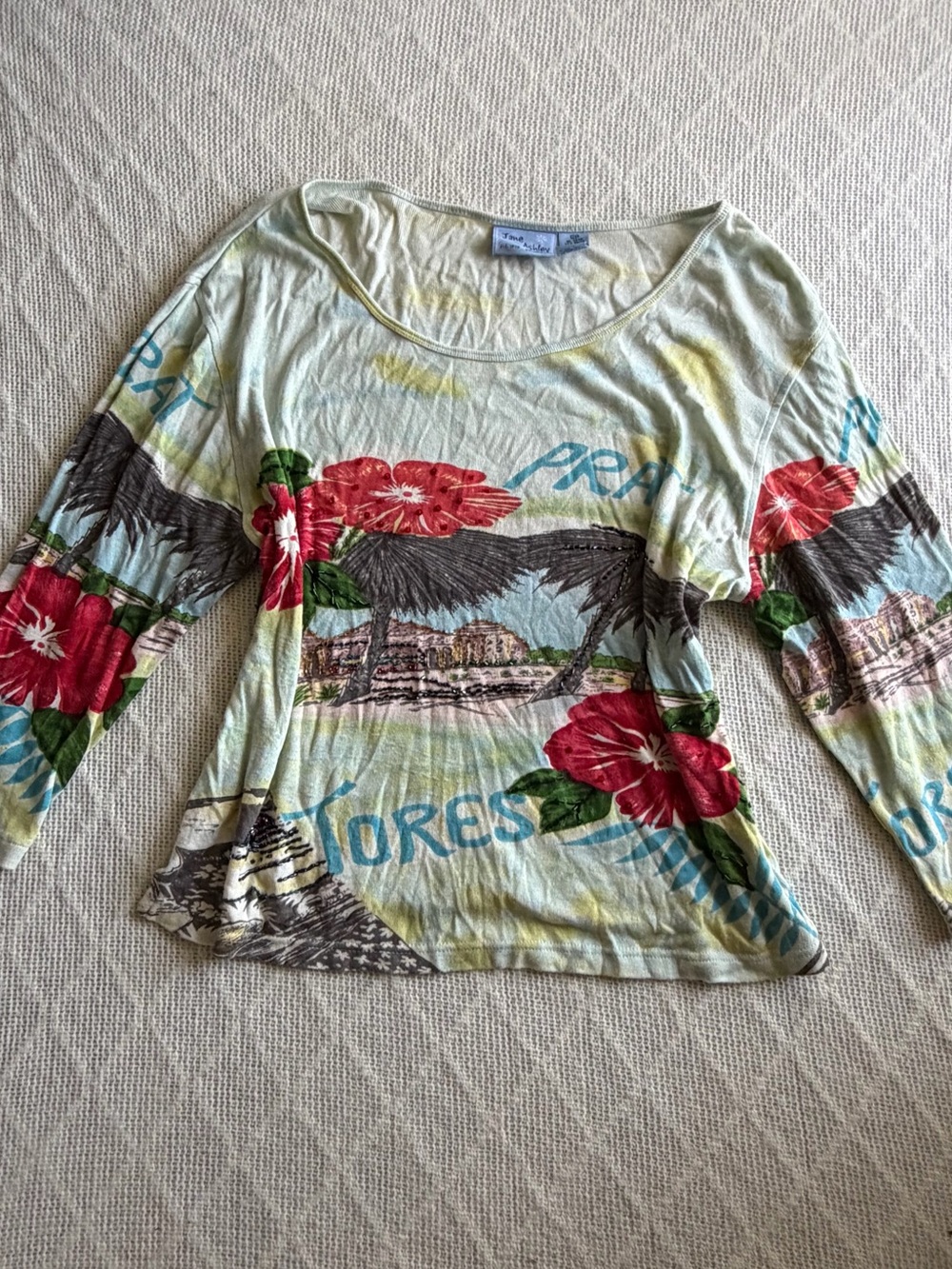 Tropic Floral Scoop Neck Top - Light Blue with Red Hibiscus